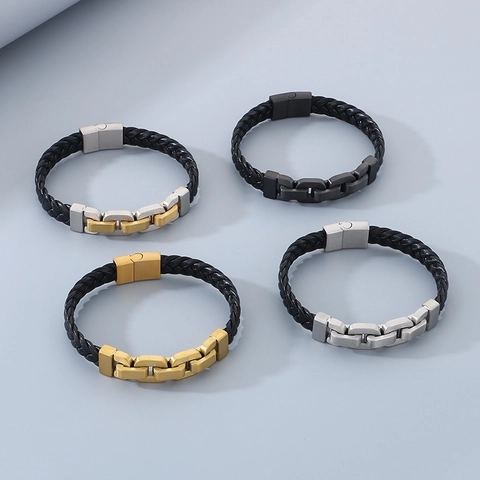 Bracciale In Pelle Intrecciata Da Uomo Acciaio Inossidabile Catena Da Moto Opaca Gioielli Punk Chiusura Magnetica