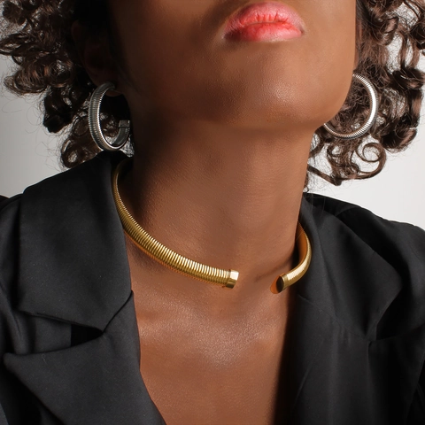 Stainless Steel Tubogas Spring Twisted Texture Choker Necklace Open Cuff Bracelet Hoop Earrings Fashion Women Jewelry