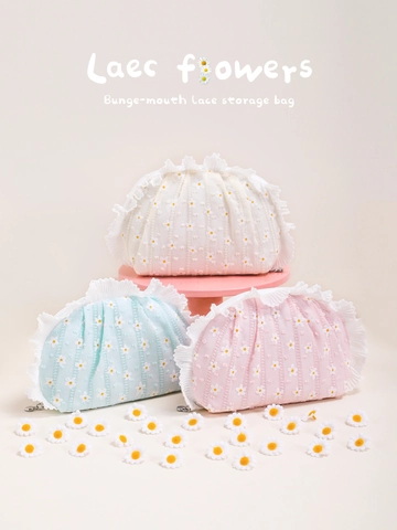 Neceser De Encaje De Margaritas Algodón Floral Bolsa De Maquillaje Dulce Volantes Cordón Cremallera Organizador Mujeres