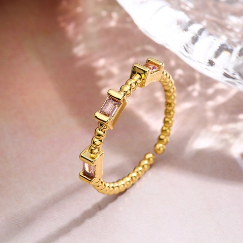 Verstellbarer Offener Ring Kupfer Vergoldet Perlenstruktur Rechteckige Zirkonia Minimalistischer Vintage Schmuck Damen