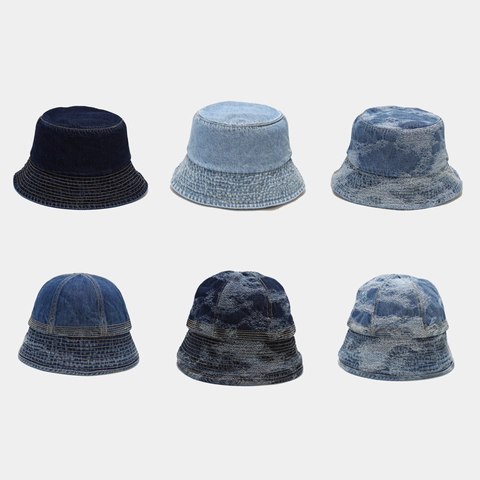 Unisex Vintage Washed Denim Bucket Hat Sun Protection Adjustable Outdoor Fisherman Cap Solid Color Distressed Cotton Hat