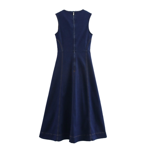 Donkerblauwe Denim Mouwloze Midi Jurk Met Contraststiksels A-Lijn Hoge Taille Rits Achterzijde Minimalistisch Retro