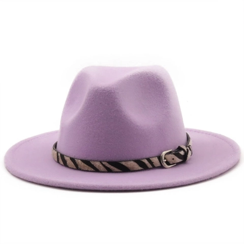 Fedora Hat Wide Flat Brim Wool Blend Felt Zebra Print Band Metal Buckle Elegant Vintage Style Unisex Accessory