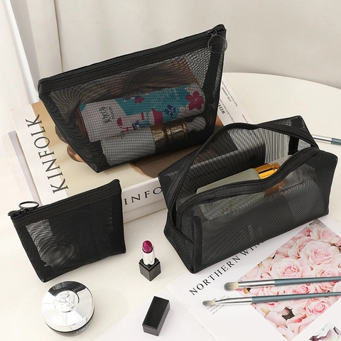 Nylon Mesh Makeup Bag Lightweight Breathable Cosmetic Storage Pouch Travel Toiletry Organizer Portable Black