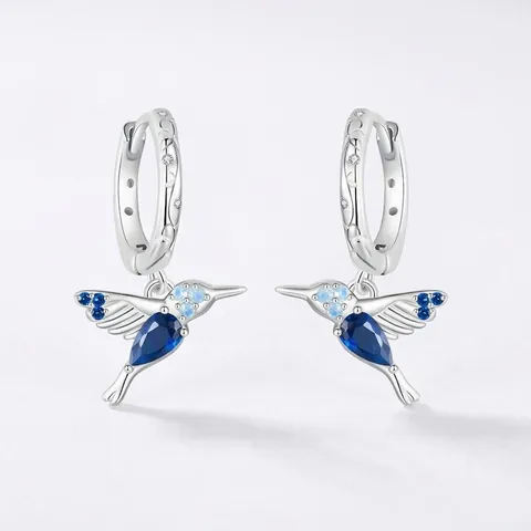 Hummingbird Hoop Earrings 925 Sterling Silver With Blue Cubic Zirconia And Nano Opal Tiny Animal Jewelry For Women