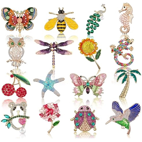 Vintage Animal Insect Brooch Pin For Women Alloy Rhinestone Enamel Owl Butterfly Bee Dragonfly Peacock Jewelry Gift