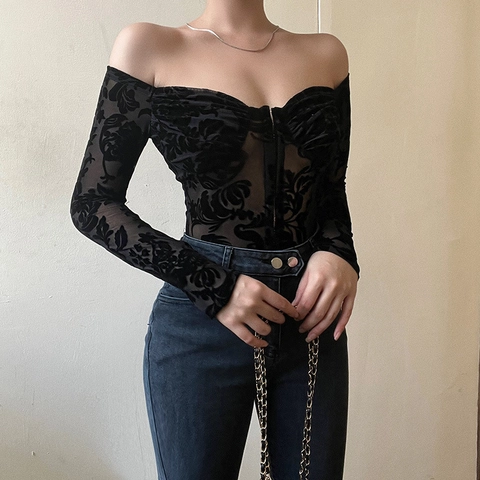 Body Hombros Descubiertos Mujer Manga Larga Negro Encaje Flocado Floral Malla Slim Fit Sexy Jumpsuit Top Gancho Cierre