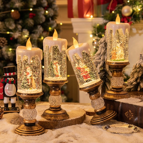 Candela LED Di Natale Lampada Globo Di Neve Musica Neve Automatica Fiamma Tremolante Base In Bronzo Decorativa