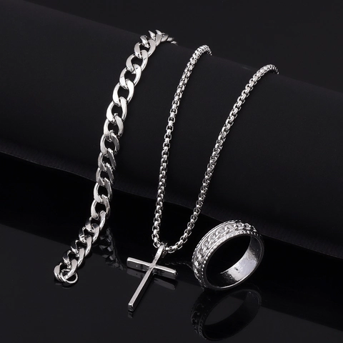 Hip Hop Alloy Titanium Steel Jewelry Including Cross Pendant Necklace Cuban Link Chain Bracelet And Patterned Band Ring