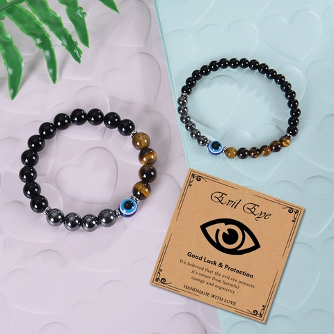 Evil Eye Beaded Bracelet Natural Tiger Eye Obsidian Hematite Stones Retro Protection Good Luck Jewelry For Men Women