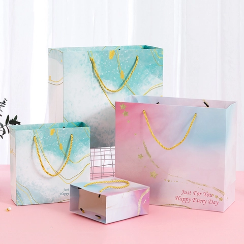 Gradient Marble Gift Bag Thick Cardboard Handbag With Gold Stamped Letters And Twisted Rope Handle For Wedding Birthday