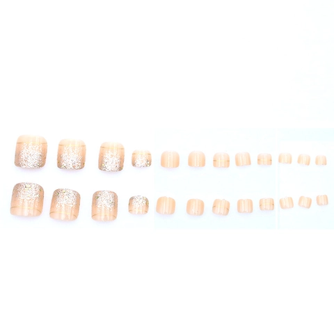 Press On Toe Nails Short Square Fake Foot Nails With Gold Glitter Metallic Line Nude Pink Minimalist For Women