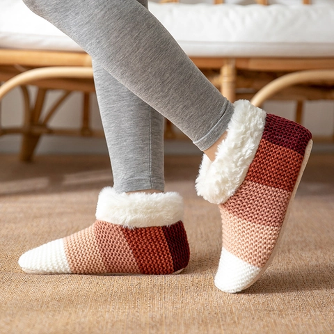 Women Winter Knit Slipper Socks Sherpa Lined Thick Thermal Indoor Floor Booties Non Slip Soles Adult Home Wear