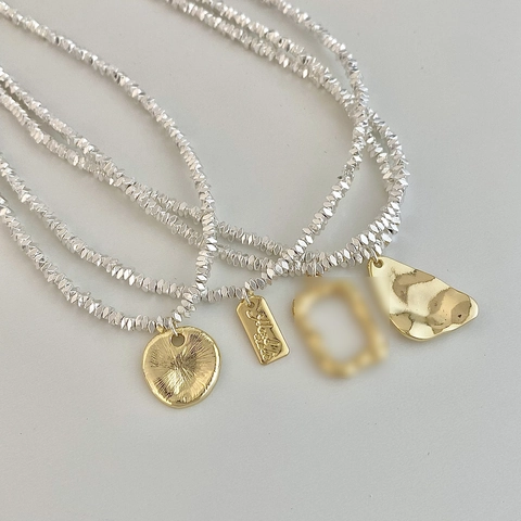 Collana Stile Coreano in Rame con Catena di Perline in Argento Frantumato Pendente da Donna Geometrico Irregolare Placcato Oro Minimalista