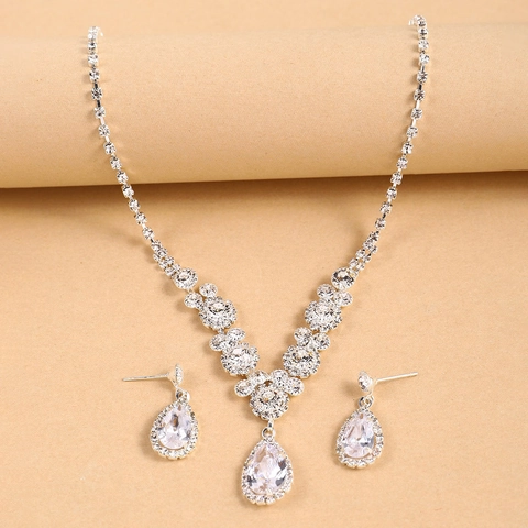 Juego De Joyas Glamorosas Con Collar Y Pendientes De Circón En Forma De Pera Para Boda Fiesta Tono Plateado Elegante