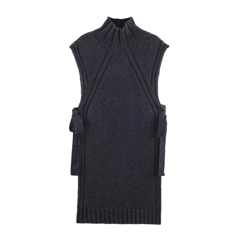 Dames Gebreide Sweater Vest Wolmix Mock Neck Mouwloos Zijsplit Strik Chique Casual Pullover Top