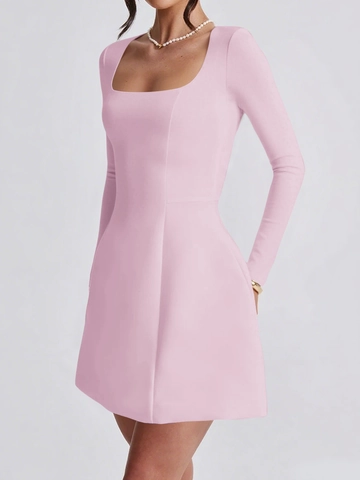 Elegant Square Neck Mini Dress Long Sleeve Slim Fit A-Line Party Cocktail Dress For Women Polyester Elastane