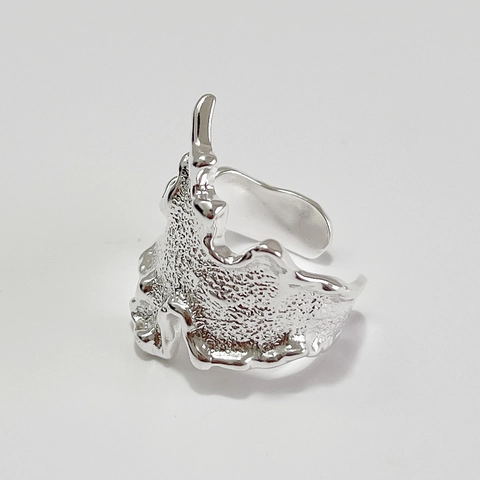 Anello Aperto Texture Lavica Irregolare Argento Sterling 925 Design Metallo Liquido Minimalista Gioielli Regolabili