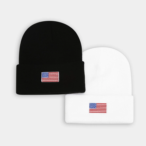 American Flag Embroidered Knit Beanie Winter Warm Acrylic Skull Cap For Men Women Casual Outdoor Fashion Cuff Hat