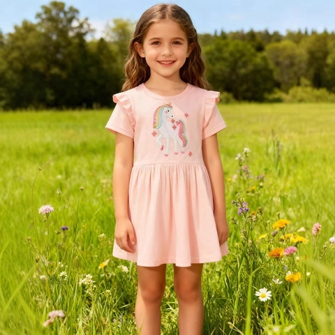 Mädchen Baumwolle Kurzarmkleid Rosa Einhorn Cartoon Stickerei Rüschenärmel Sommer Lässige Prinzessin Outfits