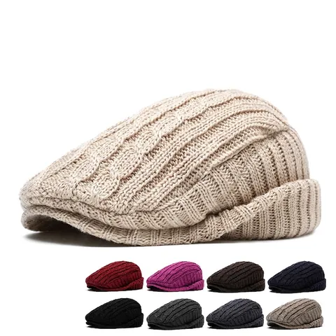 Retro Britse Stijl Gebreide Katoenen Platte Pet Warme Fleecevoering Winter Herfst Newsboy Hoed