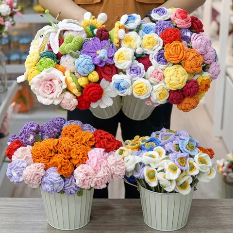 Hand Crochet Artificial Flowers Knitted Yarn Rose Tulip Sunflower Handmade Floral Home Office Decor Gift For Mother Birthday