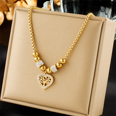 Euro-American Fashion Titanium Steel Tree Of Life Heart Pendant Necklace Gold Plated Box Chain Rhinestone Inlaid Jewelry For Women