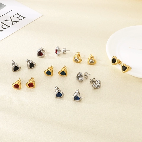 Heart Shaped Stud Earrings Stainless Steel With Colorful Gems French Vintage Style Elegant Ins Jewelry For Women