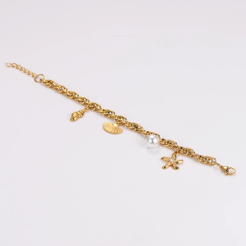Pulsera Con Dijes Temática Oceánica Acero Inoxidable Estrella De Mar Concha Perla Artificial De Imitación Chapado En Oro 18K Mujeres
