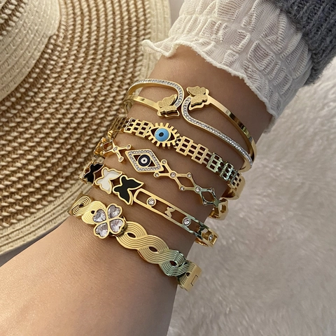 Vlinder Boze Oog Klaver Roestvrij Stalen Armband Voor Dames Verguld Zirkoon Ingelegd Retro Holle Manchet Sieraden