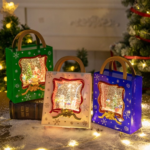 Linterna Agua Navidad Bola Nieve Forma Bolso Mano Luminosa Caja Música LED Purpurina Decoración Escritorio Regalo Festivo