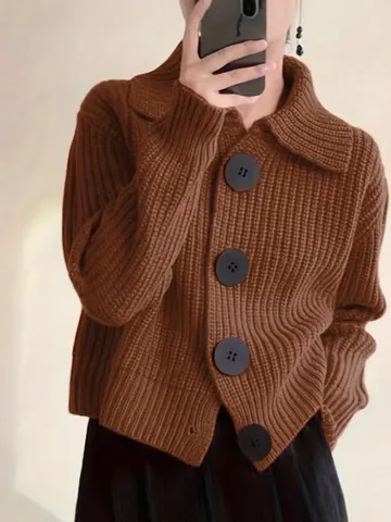 Women Knit Cardigan Loose Fit Lapel Collar Large Buttons Chunky Knitwear Plus Size Long Sleeve Casual Outerwear