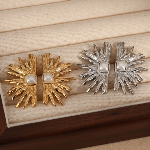 Vintage Sonnenstrahl Ohrstecker Edelstahl Quadratische Künstliche Perle PVD Vergoldet Wasserfest Art Deco Schmuck Damen
