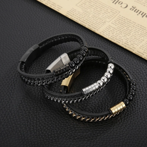 Bracciale Da Uomo In Pelle Intrecciata Multistrato Acciaio Inossidabile Chiusura Magnetica Punk Gioielli
