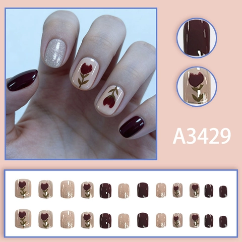 Matte Press On Nails Elegant Wine Red Rose Pink Floral Glitter Artificial Fingernails For Women Autumn Winter Style