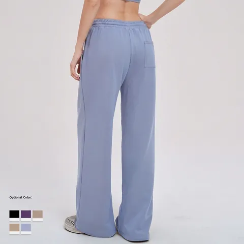 Pantalones De Chándal Anchos Mujer Mezcla Algodón Cintura Alta Elástica Cordón Recto Pantalón Deporte Casual Con Bolsillos
