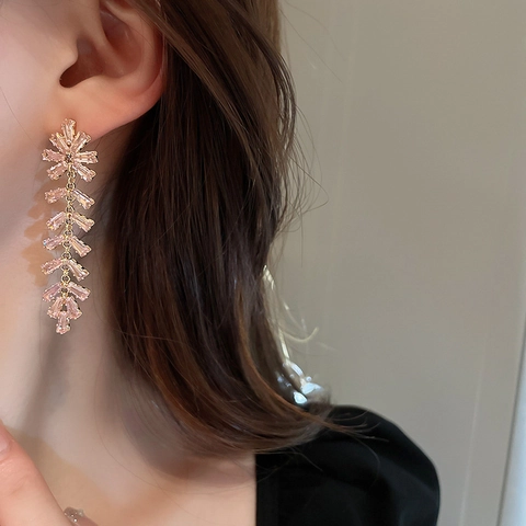 Pink Zircon Rhinestone Long Dangle Earrings With 925 Sterling Silver Earring Post Copper Fishbone Tassel Elegant Women