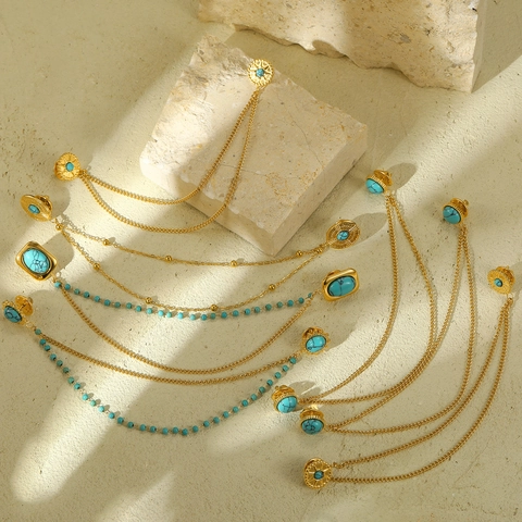 Spilla da Colletto in Acciaio Inossidabile con Turchese e Doppia Catena Oro Placcato Ovale Geometrica per Camicia Donna