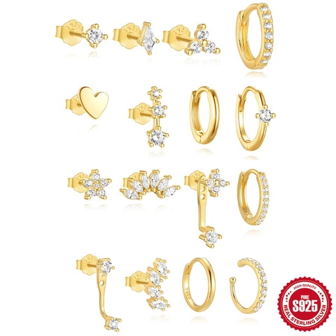 925 Sterling Silver Earrings Set For Women Geometric Zirconia Gold Plated Stud Hoop Ear Cuffs Minimalist Jewelry