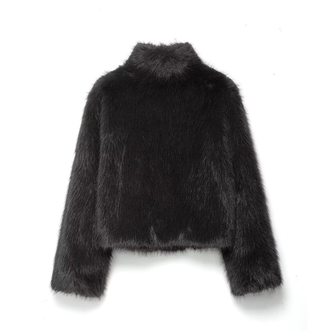 Women Faux Fur Jacket Short Coat Stand Collar Long Sleeve Zipper Solid Color Fashion Casual Outerwear Dark Grey