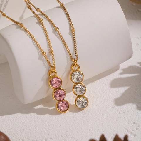 Collar De Acero Inoxidable Con Circón Colgante Vertical De 3 Piedras Cadena De Cuentas Joyería Hipoalergénica Para Mujer