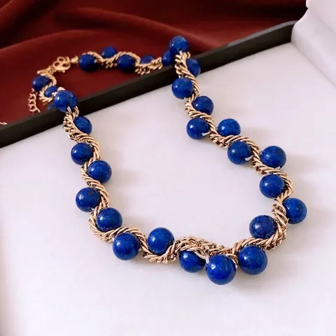 Collier Perles Pierre Vintage Chaîne Métal Torsadée Or Rétro Style Lapis Lazuli Élégant Bijoux Femme