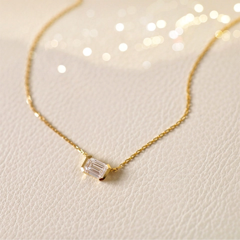 Emerald Cut Zircon Pendant Necklace 925 Sterling Silver 14K Gold Plated Minimalist Clavicle Chain For Women