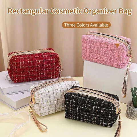 Kosmetiktasche Tweed Karomuster Makeup Beutel Große Kapazität Handheld Reise Kulturbeutel Für Damen Eleganter Französischer Stil