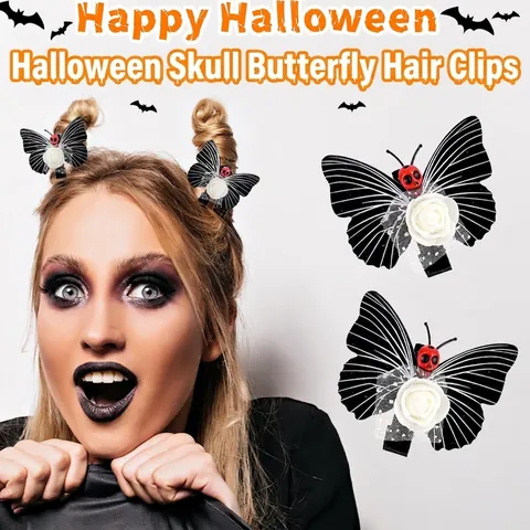 Molletta Per Capelli Farfalla Gotica Halloween Con Rosa Bianca E Teschio Rosso Plastica Tessuto Festa Cosplay Accessorio
