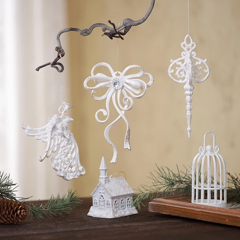 Christmas Tree Ornaments White Gilded Plastic Pendants Vintage Snowflake Angel House Birdcage Holiday Decor