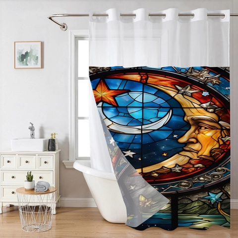 Tenda Da Doccia A Strati Poliere Impermeabile Con Fodera Rimovibile Design Ad Anello Senza Gancio Finestra In Rete Arte Astratta Per Bagno