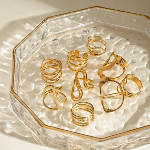 Unregelmäßige Wellen Edelstahl Offene Ringe Für Damen Minimalistisch Geometrisch Verstellbar Wasserdicht Hypoallergen Gold