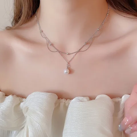 Collar De Doble Capa Elegante Francés Con Colgante De Perla Artificial De Imitación Blanca Redonda Y Perlas Artificiales De Metal Estilo Minimalista