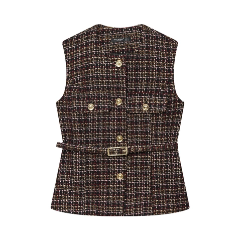 Elegant Women Tweed Vest With Belt Vintage Button Down Sleeveless Multi Color Woven Textured Waistcoat Top For Lady